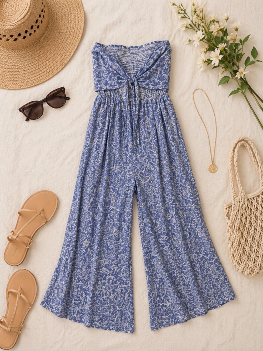 Patrons of Peace Blue Floral Strapless Jumpsuit Wide Leg Boho | L |